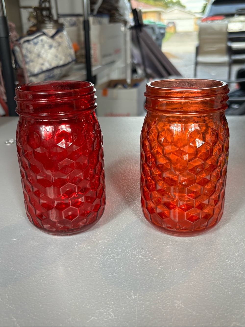 Set of 2 Red & Orange Textured Glass Mason Style Jars Candle Vases Decor